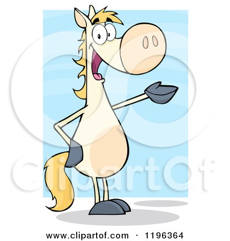 Cartoon of a White Horse Standing up and Presenting over Blue - Royalty Free Vector Clipart by Hit Toon