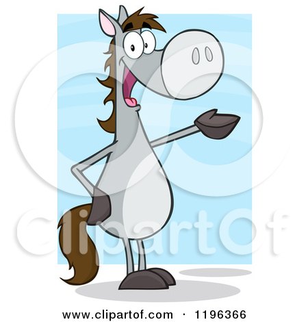 Cartoon of a Gray Horse Standing up and Presenting over Blue - Royalty Free Vector Clipart by Hit Toon