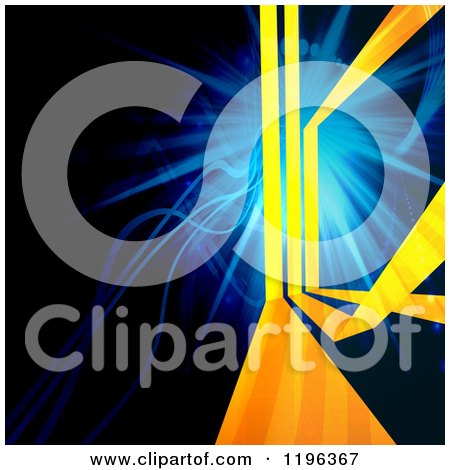 Clipart of Background of Funky Orange and Yellow Lines over Blue Lights on Black - Royalty Free CGI Illustration by Arena Creative