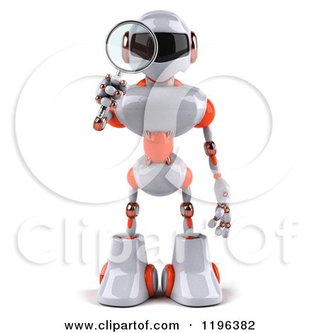 Cartoon of a 3d White and Orange Techno Robot Using a Magnifying Glass - Royalty Free Vector Clipart by Julos