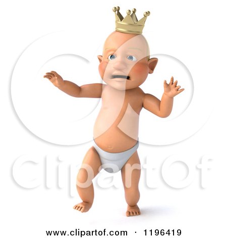 Cartoon of a 3d Walking Caucasian Baby Boy Wearing a Crown - Royalty Free Vector Clipart by Julos
