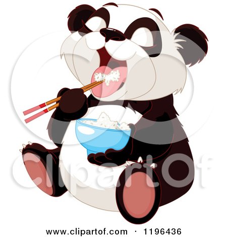 Cartoon of a Cute Chubby Panda Bear Eating Rice with Chop Sticks - Royalty Free Vector Clipart by Pushkin