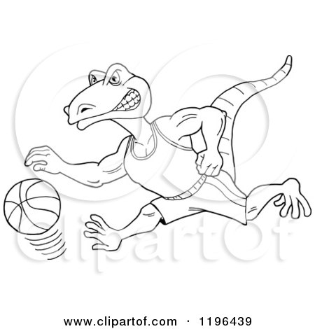 Clipart of an Outlined Goanna Lizard Mascot Dribbling a Basketball - Royalty Free Vector Illustration by LaffToon