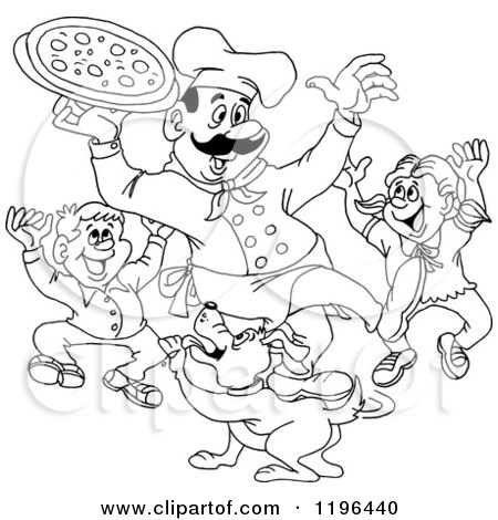 Clipart of an Outlined Male Chef Holding Pizza over Excited Children and a Dog - Royalty Free Vector Illustration by LaffToon