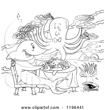 Clipart of an Outlined Octopus Serving a Shark Eating Lobster Under the Sea - Royalty Free Vector Illustration by LaffToon