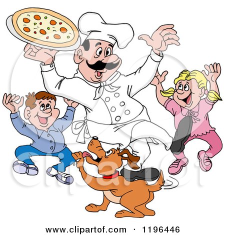 Clipart of a Happy Male Chef Holding Pizza over Excited Children and a Dog - Royalty Free Vector Illustration by LaffToon
