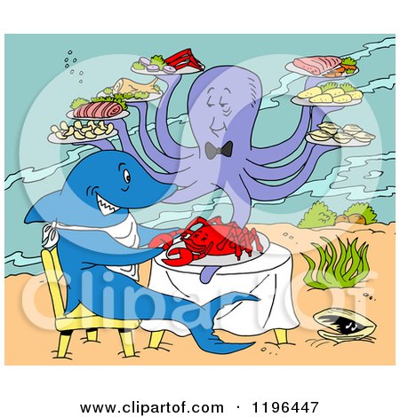 Clipart of an Octopus Serving a Shark Eating Lobster Under the Sea - Royalty Free Vector Illustration by LaffToon