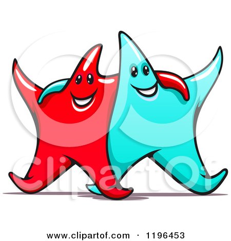 Cartoon of Happy Red and Turquoise Stars with Their Arms Around Each Other - Royalty Free Vector Clipart by Vector Tradition SM