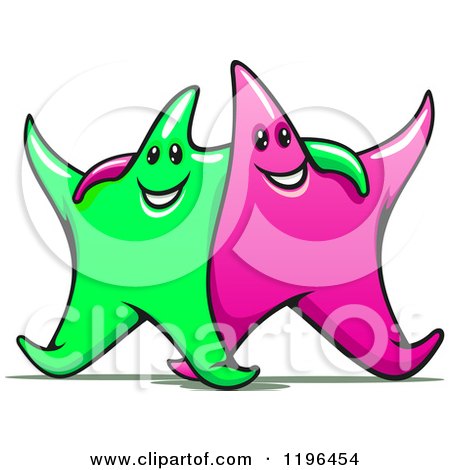 Cartoon of Happy Lime Green and Pink Stars with Their Arms Around Each Other - Royalty Free Vector Clipart by Vector Tradition SM