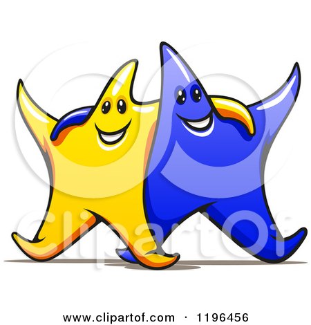 Cartoon of Happy Gold and Blue Stars with Their Arms Around Each Other - Royalty Free Vector Clipart by Vector Tradition SM
