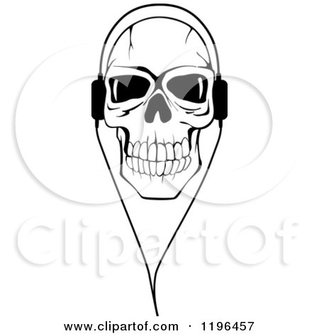 Clipart of a Black and White Cracked Skull Wearing Headphones 2 - Royalty Free Vector Illustration by Vector Tradition SM