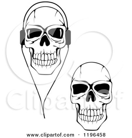 Clipart of Black and White Cracked Skulls with Headphones 2 - Royalty Free Vector Illustration by Vector Tradition SM