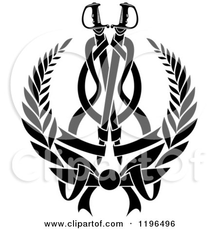 Clipart of a Black and White Coat of Arms Wreath with Swords and Ribbons - Royalty Free Vector Illustration by Vector Tradition SM