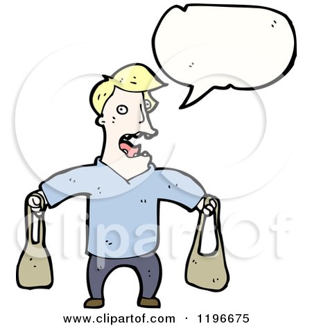 Cartoon of a Man Holding Purses Speaking - Royalty Free Vector Illustration by lineartestpilot