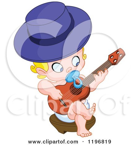 Cartoon of a Blond Baby Playing a Guitar and Sucking on a Pacifier - Royalty Free Vector Clipart by yayayoyo
