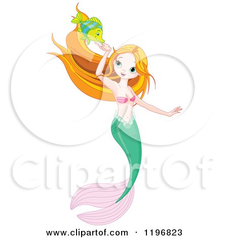 Cartoon of a Pretty Mermaid Swimming with a Fish Friend - Royalty Free Vector Clipart by Pushkin