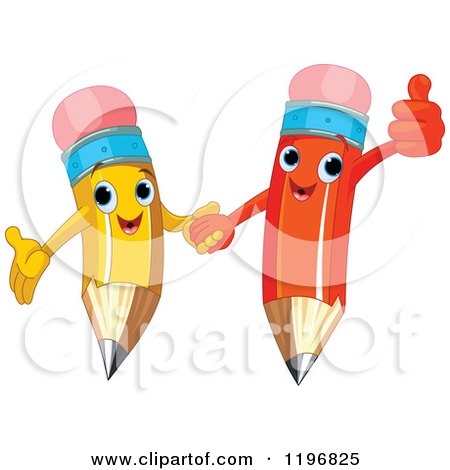 Cartoon of Happy Red and Yellow Pencils Holding Hands and Giving a Thumb up - Royalty Free Vector Clipart by Pushkin