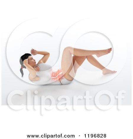 Clipart of a 3d Fit Woman Doing Crunches, with Visible Abdominal Muscles, on White - Royalty Free CGI Illustration by Mopic