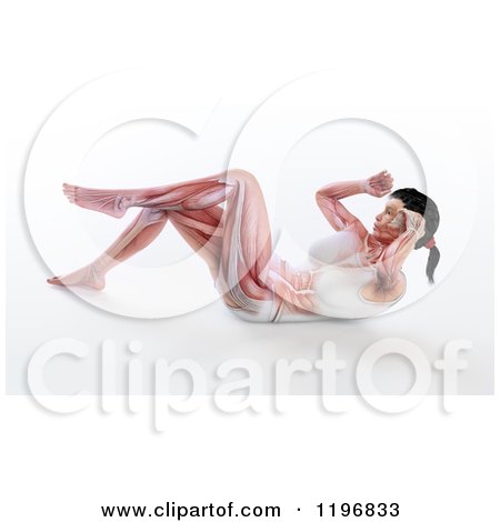 Clipart of a 3d Fit Woman Doing Crunches, with Visible Muscles, on White - Royalty Free CGI Illustration by Mopic
