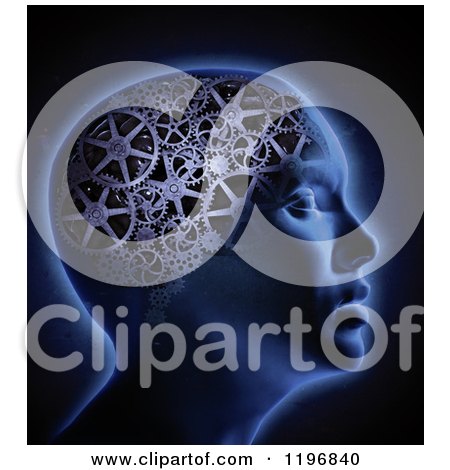 Clipart of a 3d Glowing Head with a Gear Cog Brain over Black - Royalty Free CGI Illustration by Mopic