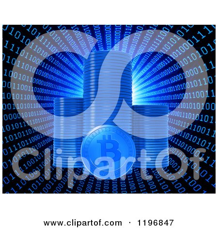Clipart of 3d Stacks of Bit Coins in a Binary Vortex with Bright Light - Royalty Free CGI Illustration by Mopic