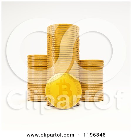 Clipart of a 3d Golden Bit Coin and Stacks, on White - Royalty Free CGI Illustration by Mopic