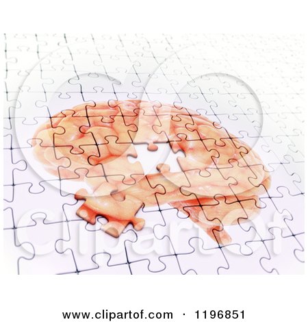 Clipart of a 3d Jigsaw Puzzle of a Brain, One Piece Disconnecting Symbolizing Memory Loss - Royalty Free CGI Illustration by Mopic