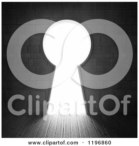 Clipart of a 3d Key Hole in a Brick Wall, with Bright Light Shining Through on a Wooden Floor - Royalty Free CGI Illustration by Mopic