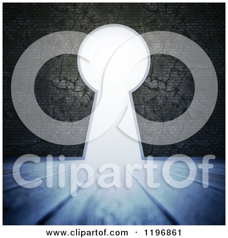 Clipart of a 3d Key Hole in a Stone Wall, with Bright Light Shining Through on a Wood Floor - Royalty Free CGI Illustration by Mopic