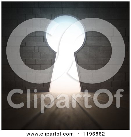 Clipart of a 3d Key Hole in a Brick Wall, with Bright Light Shining Through on a Wood Floor - Royalty Free CGI Illustration by Mopic