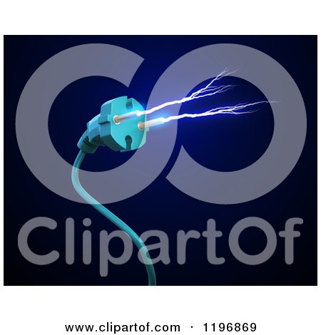 Clipart of a 3d Blue Electric Cable with Energy Shooting from the Prongs, over Dark Blue and Black - Royalty Free CGI Illustration by Mopic