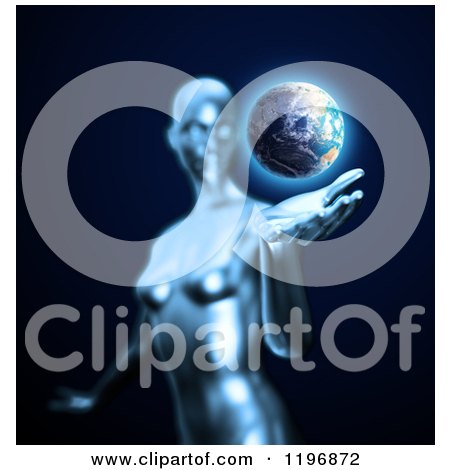 Clipart of a 3d Android Woman with Earth Hovering over Her Hand, on Black - Royalty Free CGI Illustration by Mopic