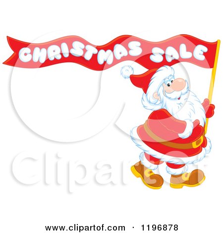Cartoon of Santa Carrying a Red Christmas Sale Ribbon Flag - Royalty Free Vector Clipart by Alex Bannykh