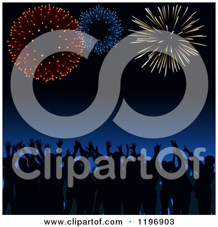 Clipart of a Silhouetted Crowd Cheering Under Fireworks - Royalty Free Vector Illustration by dero