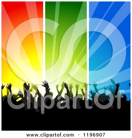 Clipart of a Silhouetted Crowd Dancing Under Colorful Ray Panels - Royalty Free Vector Illustration by dero
