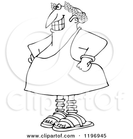 Cartoon of an Outlined Grinning Greek Man Wearing a Toga and Olive Branch - Royalty Free Vector Clipart by djart