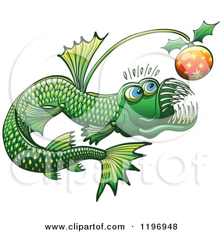 Cartoon of a Green Abyssal Angler Fish with a Christmas Bauble - Royalty Free Vector Clipart by Zooco