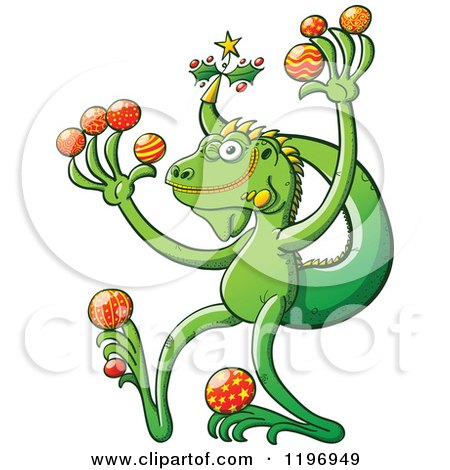 Cartoon of a Happy Iguana Lizard with Christmas Baubles and Decorations - Royalty Free Vector Clipart by Zooco