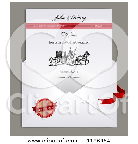 Clipart of a Envelope and Electronic Wedding Invitation with Sample Text and a Carriage - Royalty Free Vector Illustration by Eugene