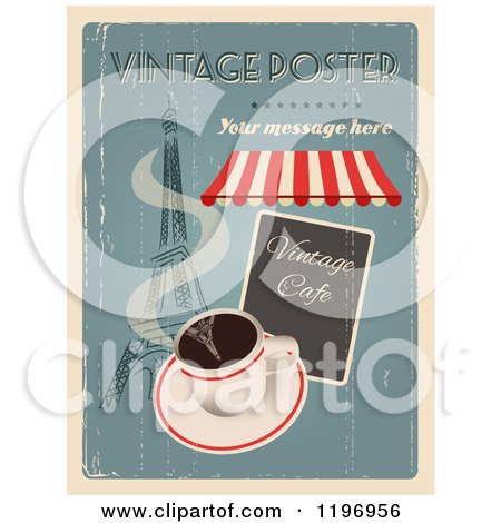 Clipart of a Retro Distressed Coffee and Paris Poster with Sample Text - Royalty Free Vector Illustration by Eugene