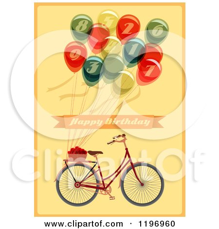 Clipart of a Retro Bicycle and Balloon Happy Birthday Greeting on Yellow - Royalty Free Vector Illustration by Eugene