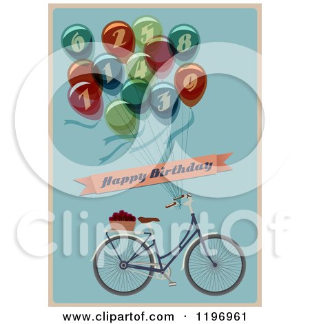 Clipart of a Retro Bicycle and Balloon Happy Birthday Greeting on Blue - Royalty Free Vector Illustration by Eugene