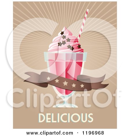 Clipart of a Retro Strawberry Milkshake with Stars Rays a Banner and Delicious Text - Royalty Free Vector Illustration by Eugene