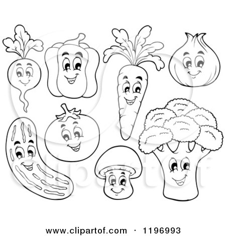 Cartoon of Outlined Happy Vegetables - Royalty Free Vector Clipart by visekart