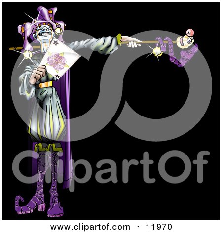 Purple Renaissance Joker Holding a Card Clipart Illustration by Leo Blanchette