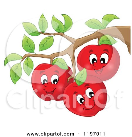 Cartoon of Happy Red Apple Characters on a Tree - Royalty Free Vector Clipart by visekart