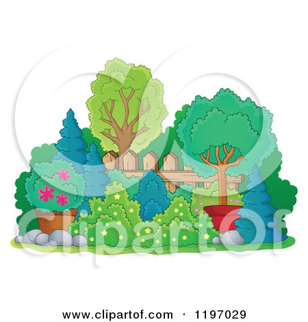 Cartoon of a Landscaped Yard with Shrubs Trees and a Fence - Royalty Free Vector Clipart by visekart