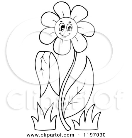 Cartoon of a Happy Outlined Daisy Flower on a Stem - Royalty Free Vector  Clipart by visekart #1197030