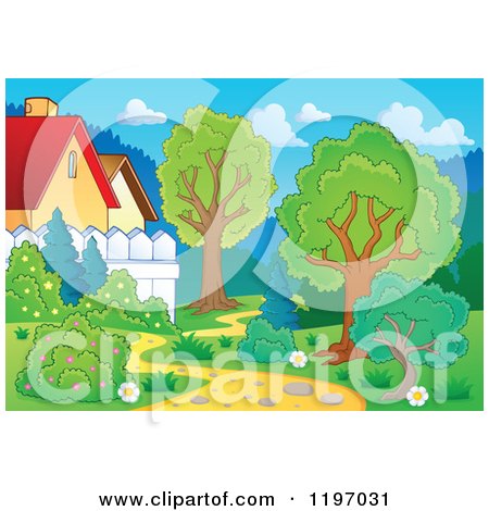 Cartoon of a Curvy Path Behind Houses, with Trees and Shrubs - Royalty Free Vector Clipart by visekart