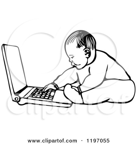Clipart of a Black and White Baby Using a Laptop - Royalty Free Vector Illustration by Prawny